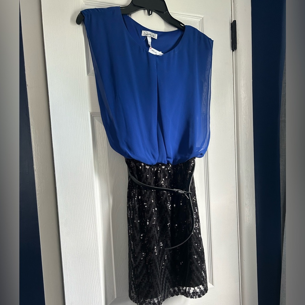 Royal blue and black sequined dress with belt NWT